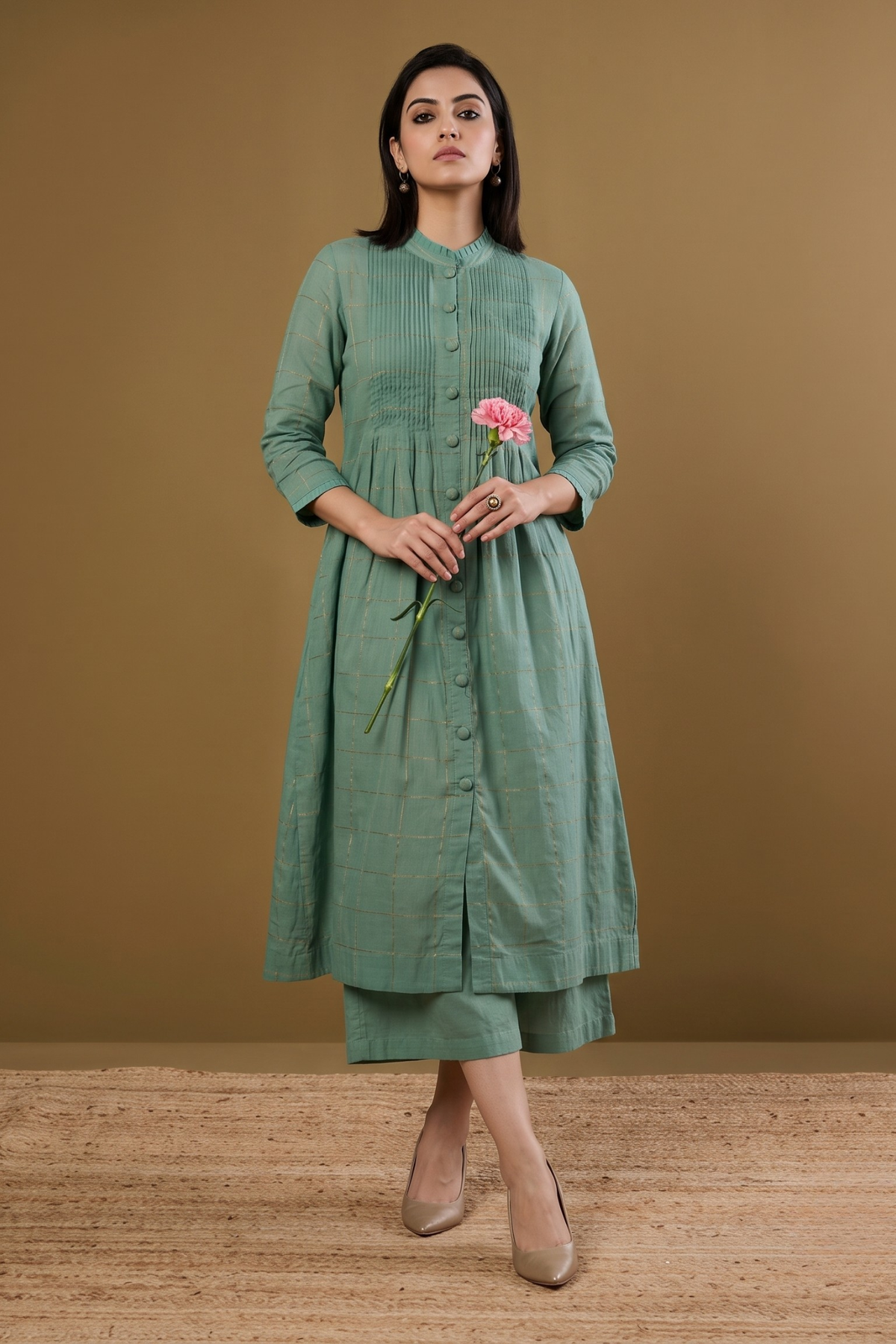 Frosted_Gridsong_Checkered_Pleated_Pintuck_Button_Down_Dress