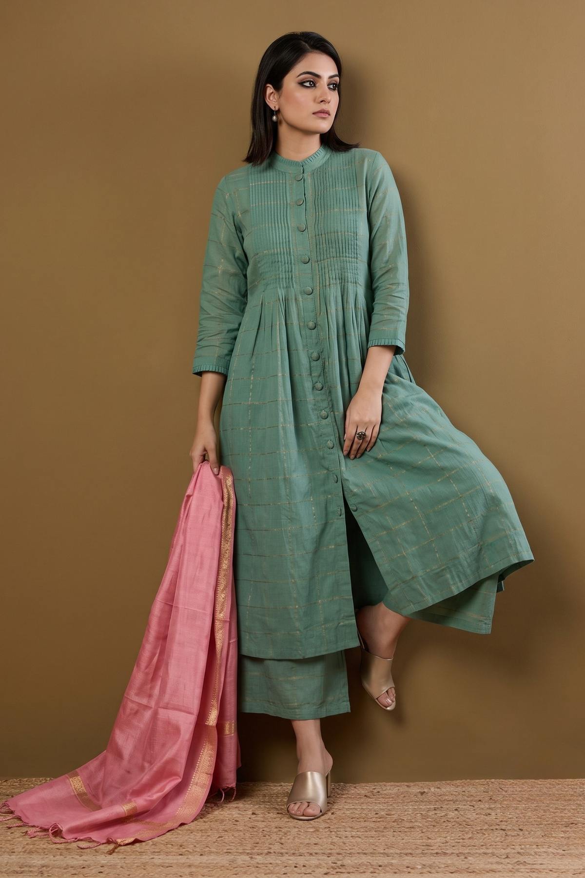 Frosted_Gridsong_Checkered_Pleated_Pintuck_Button_Down_Dress