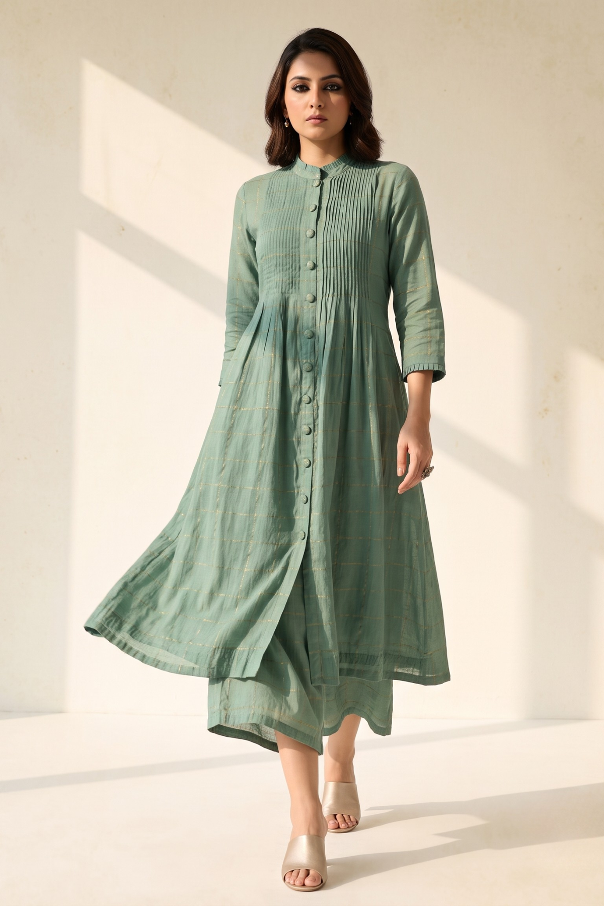 Frosted_Gridsong_Checkered_Pleated_Pintuck_Button_Down_Dress