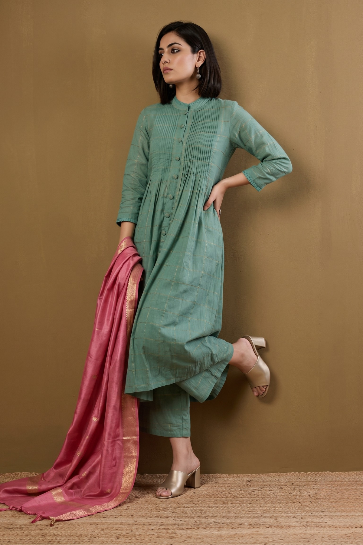 Frosted_Gridsong_Checkered_Pleated_Pintuck_Button_Down_Dress