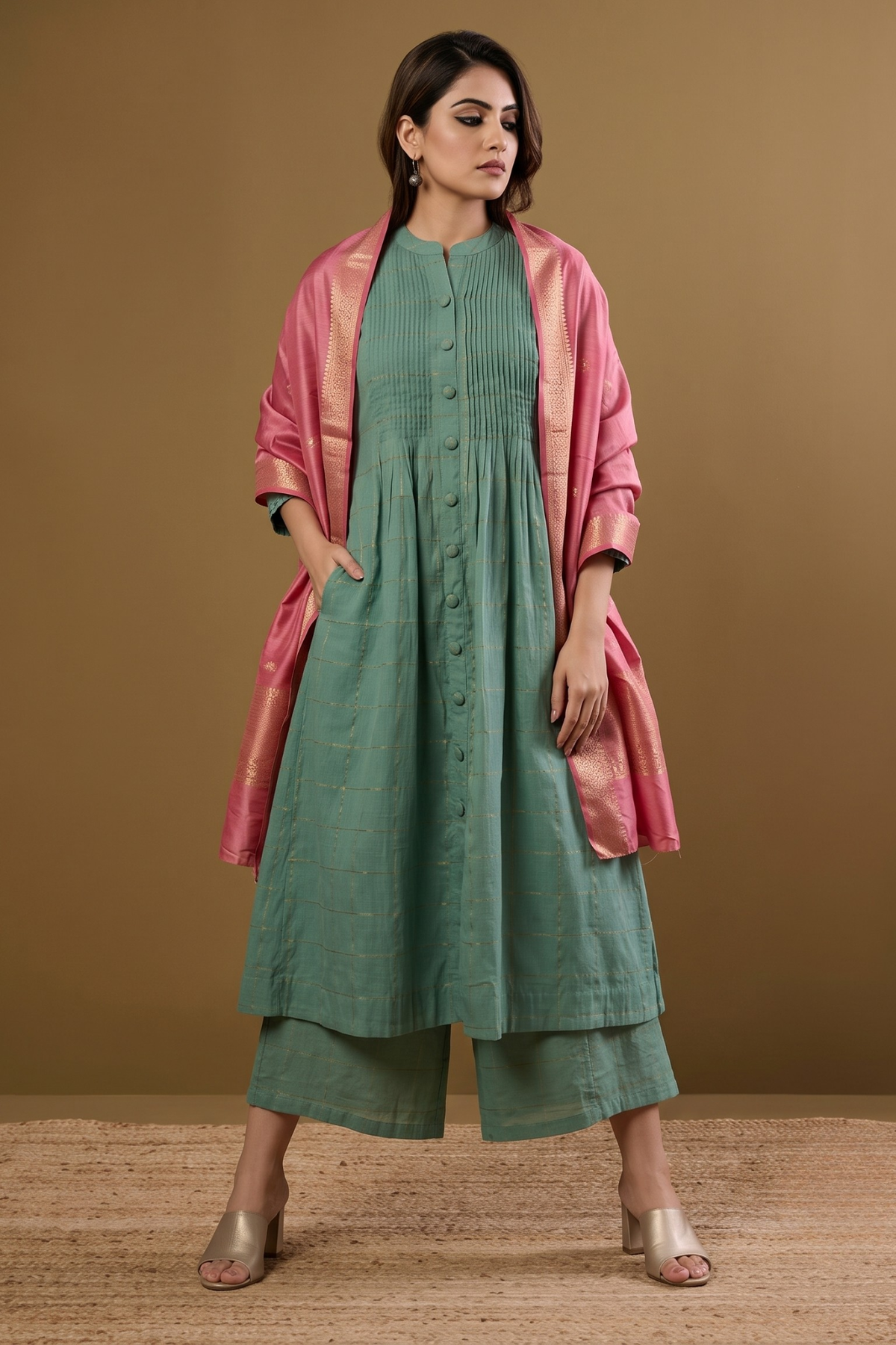Frosted_Gridsong_Checkered_Pleated_Pintuck_Button_Down_Dress