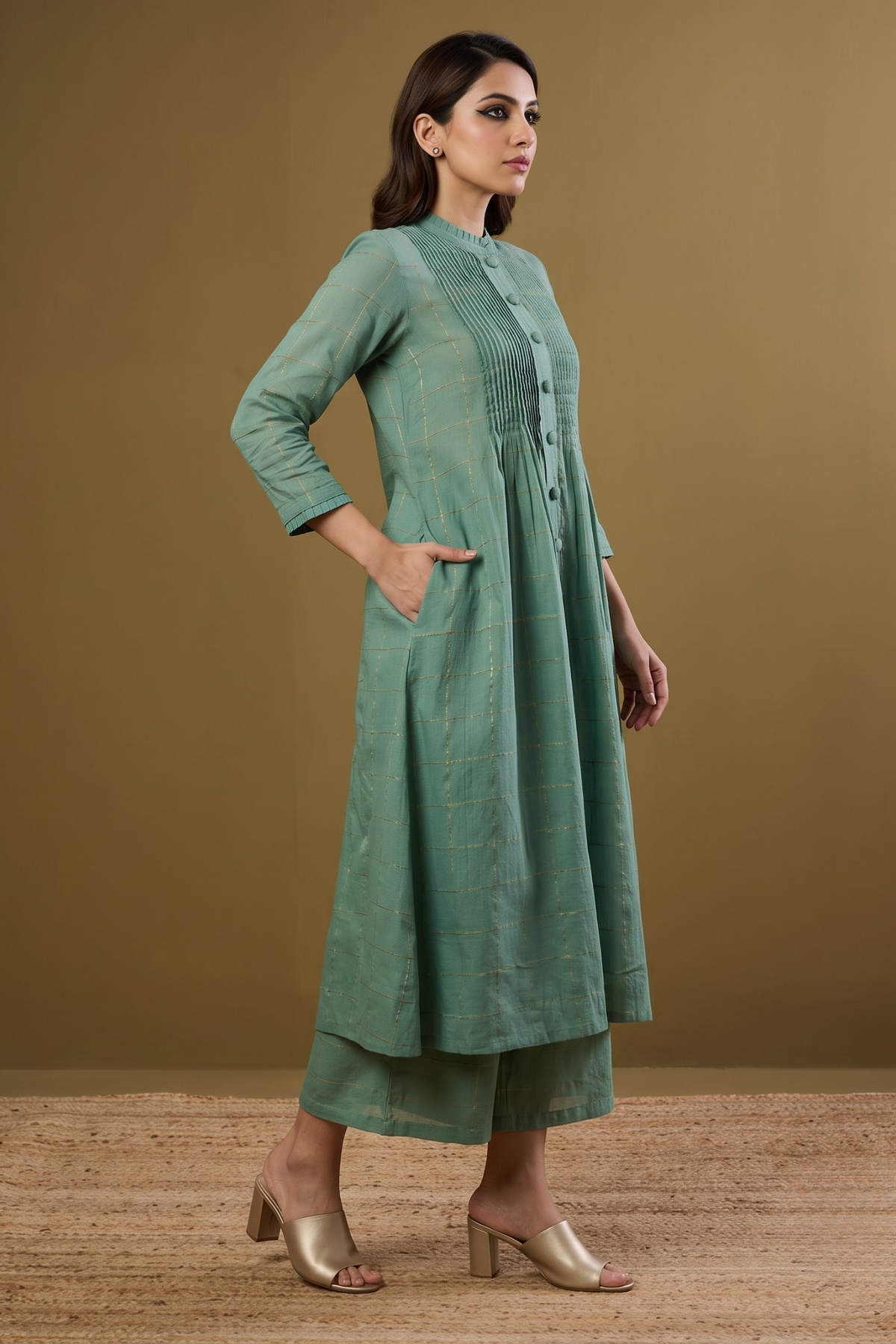 Frosted_Gridsong_Checkered_Pleated_Pintuck_Button_Down_Dress