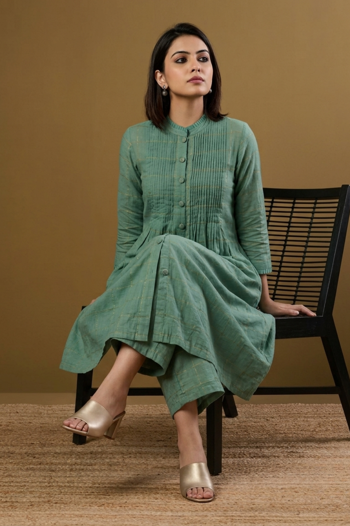 Frosted_Gridsong_Checkered_Pleated_Pintuck_Button_Down_Dress
