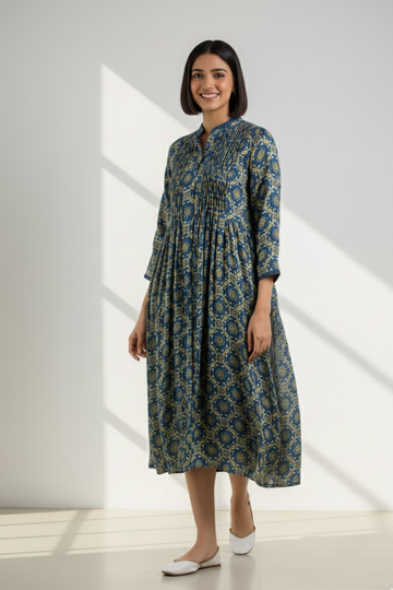 Luxe Indigo Twilight & Golden Aura Pleated Neck Modal Silk Pintuck Dress