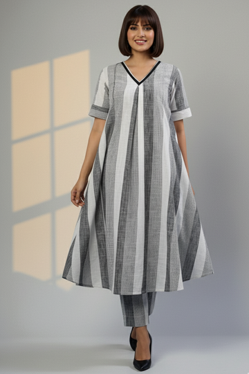 Co-ord Set Ash Bands Modern Box Pleated Cotton Kurta & Pants