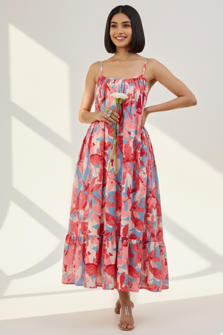 Blush Blue Pastel Roses Long Ruffle Strap Dress