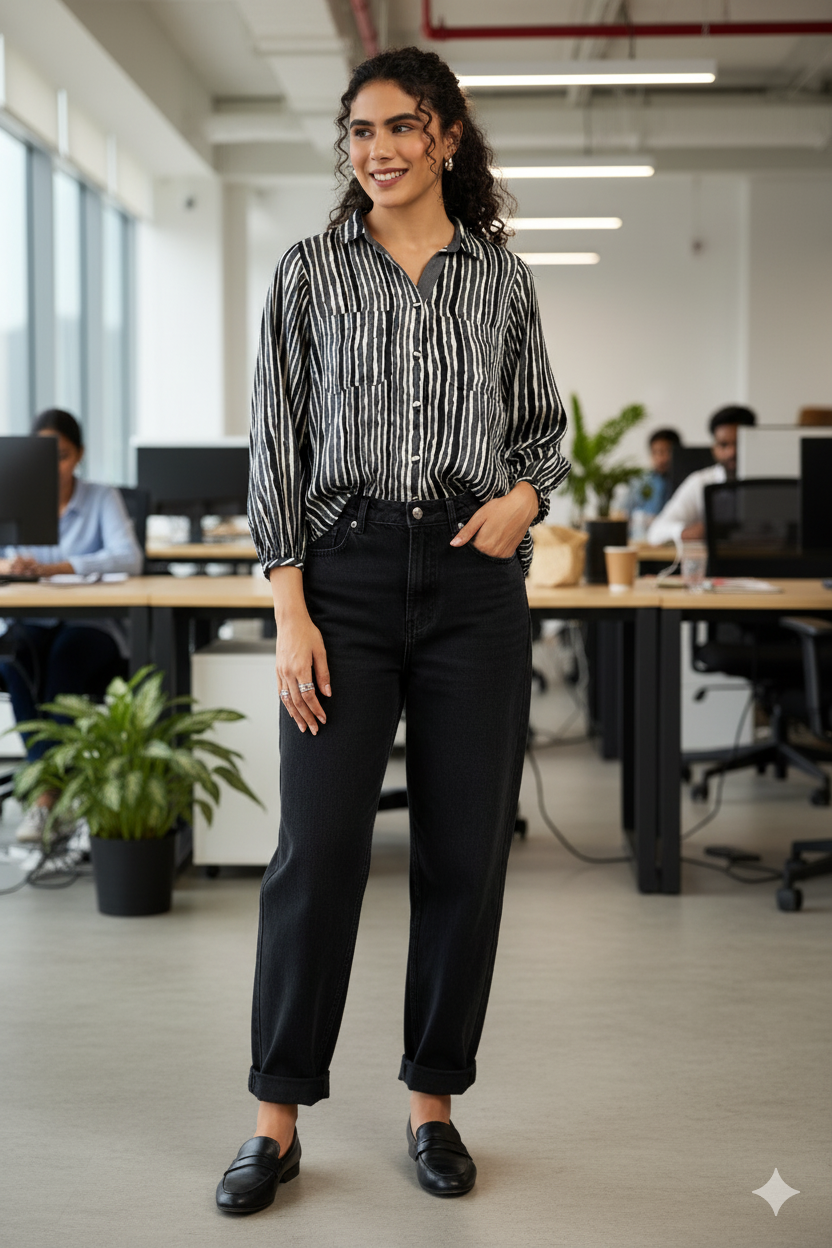 Gather Sleeve Tunic Shirt In Black White Lines Satin Cotton  by Maati Crafts