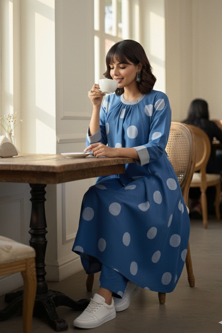 Co-ord Set Sky Dots Cotton Crew Neck Gather Dress & Pants