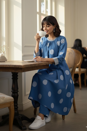 Co-ord Set Sky Dots Cotton Crew Neck Gather Dress & Pants