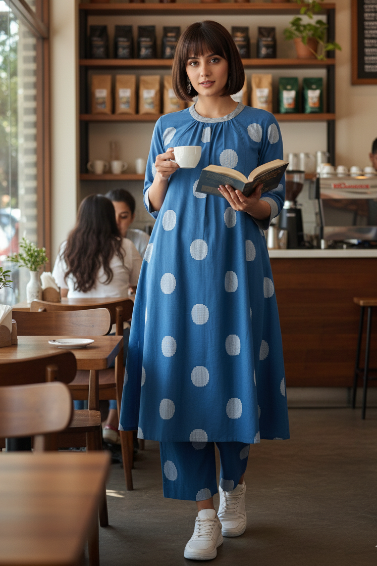 Co-ord Set Sky Dots Cotton Crew Neck Gather Dress & Pants