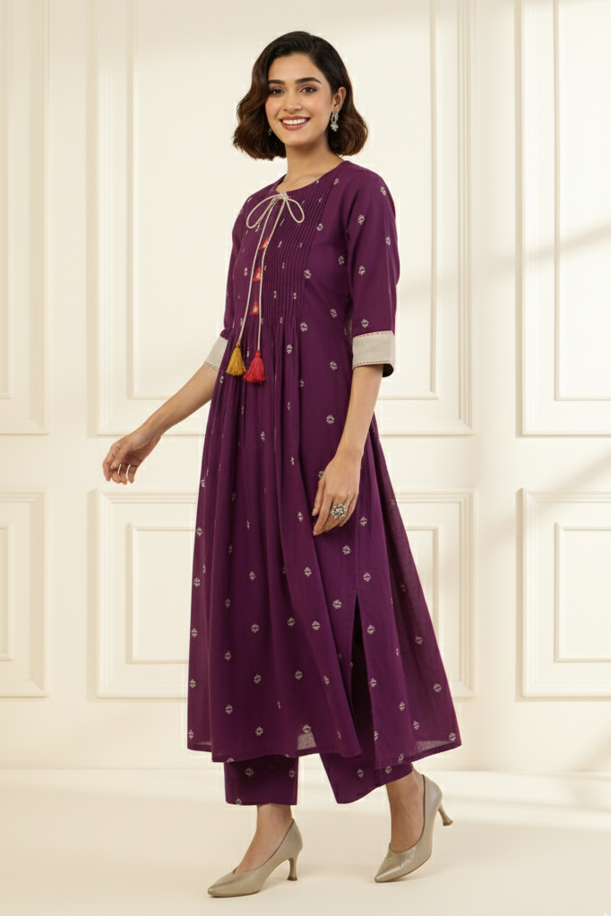 Deep Wine Amber Glow Pintuck Long Kurta