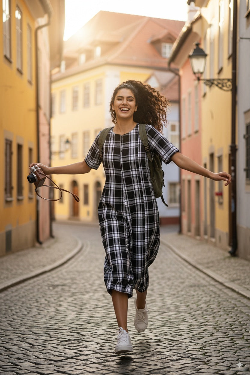 Front Zipper Jumpsuit With Pockets In Black White Grey Checks  by Maati Crafts