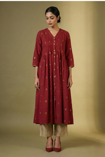 Gilded Crimson Polka V-neck Infinity Pintuck Dress