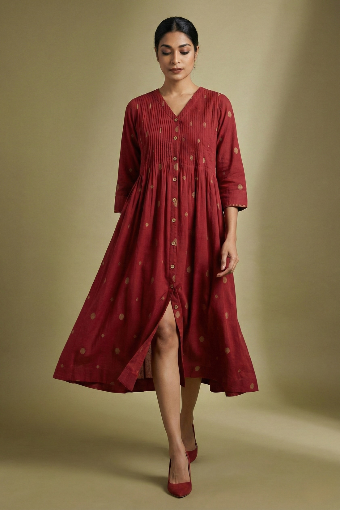 Gilded Crimson Polka V-neck Infinity Pintuck Dress