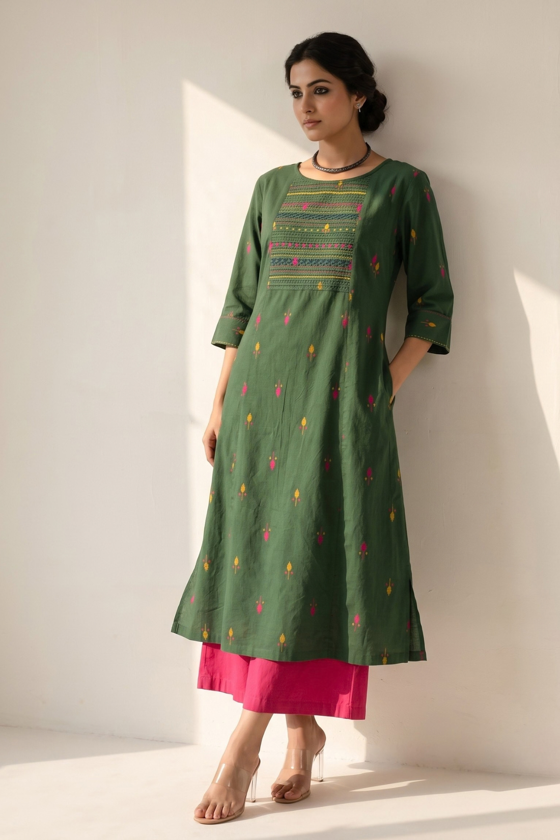 Green_Blush_Floral_Leaf_Butti_Cotton_Pintuck_Yoke_Kurta_with_Pockets
