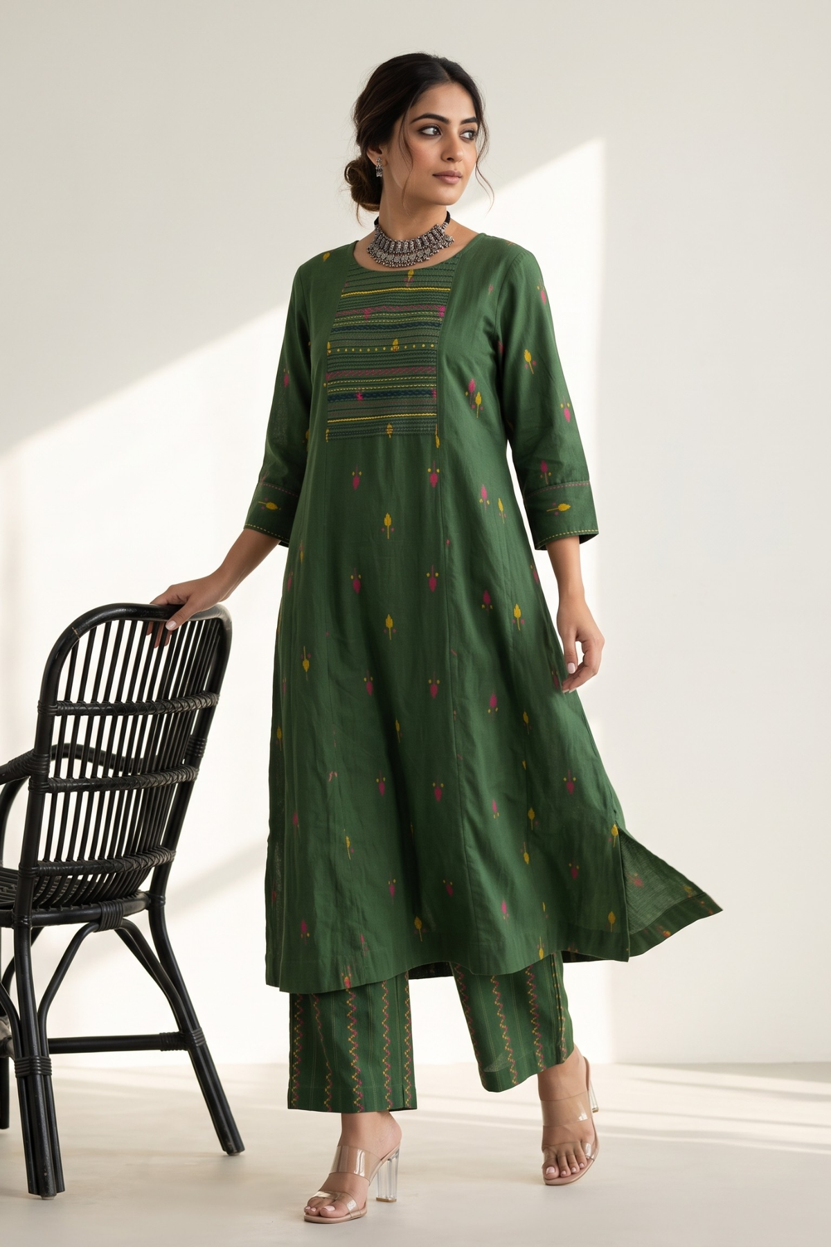 Green_Blush_Floral_Leaf_Butti_Cotton_Pintuck_Yoke_Kurta_with_Pockets