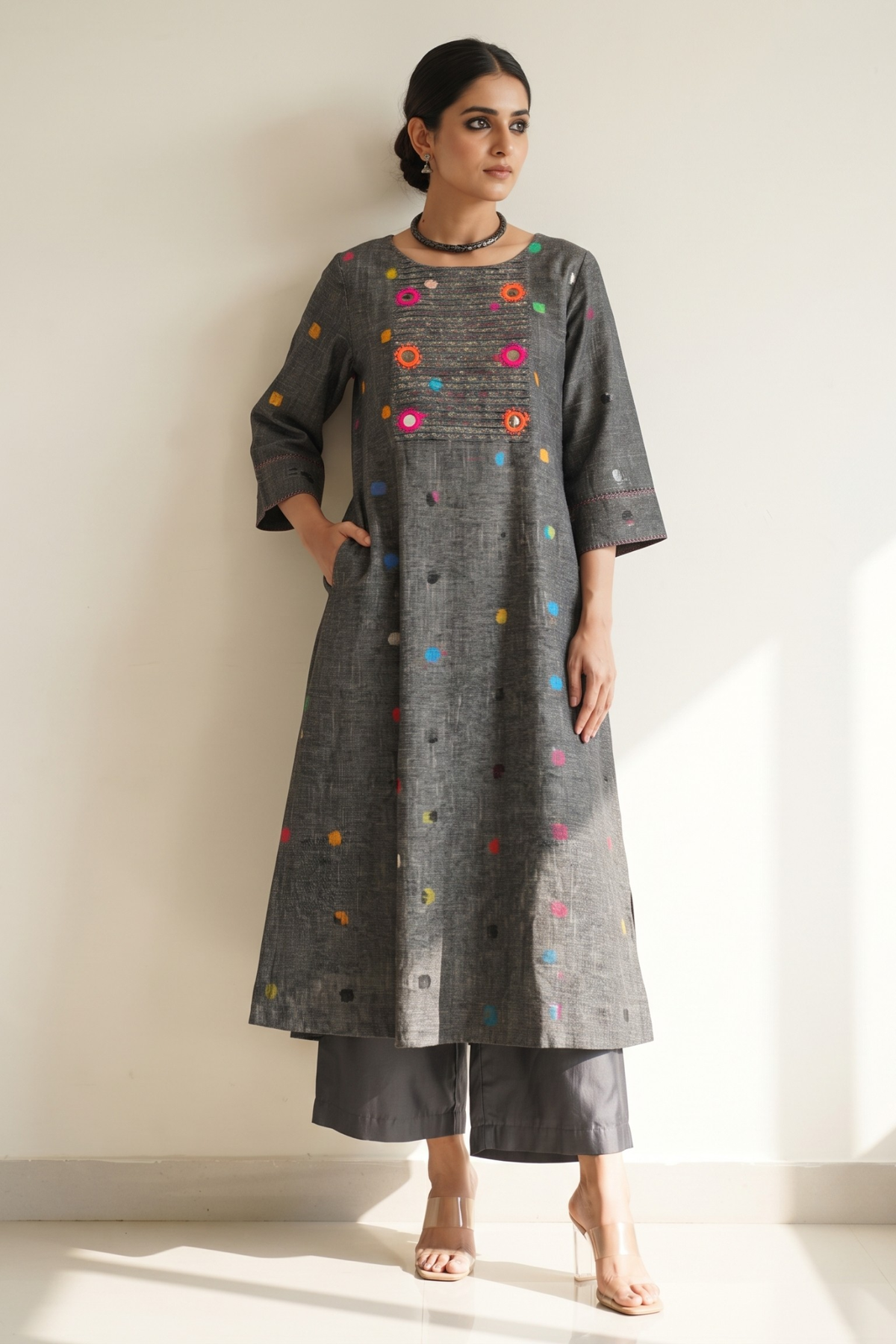Grey_Misty_Multi_Polka_Cotton_Pintuck_Yoke_Kurta_with_Pockets