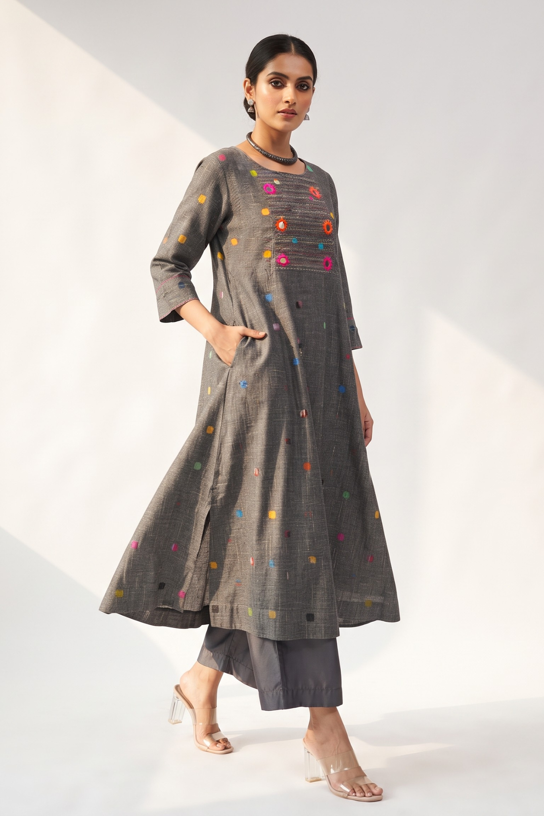 Grey_Misty_Multi_Polka_Cotton_Pintuck_Yoke_Kurta_with_Pockets