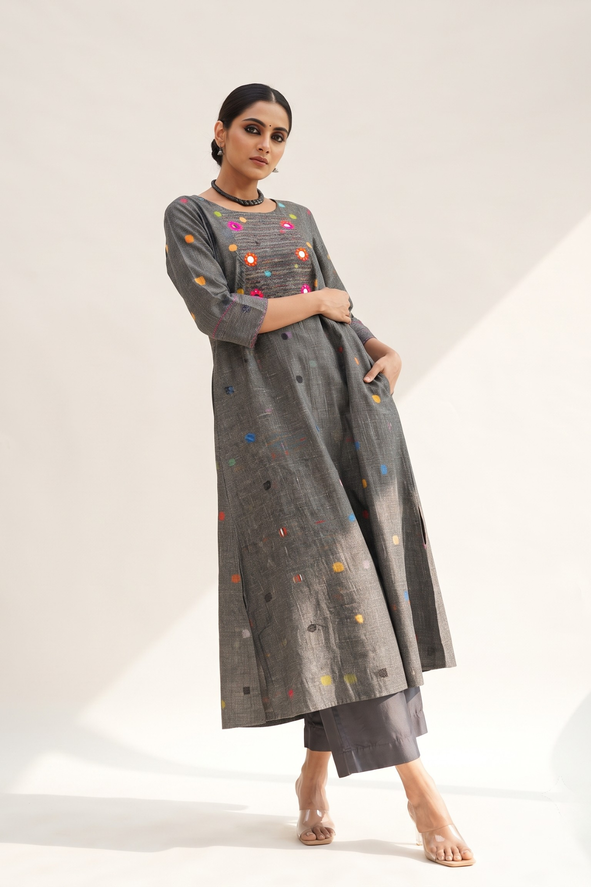 Grey_Misty_Multi_Polka_Cotton_Pintuck_Yoke_Kurta_with_Pockets