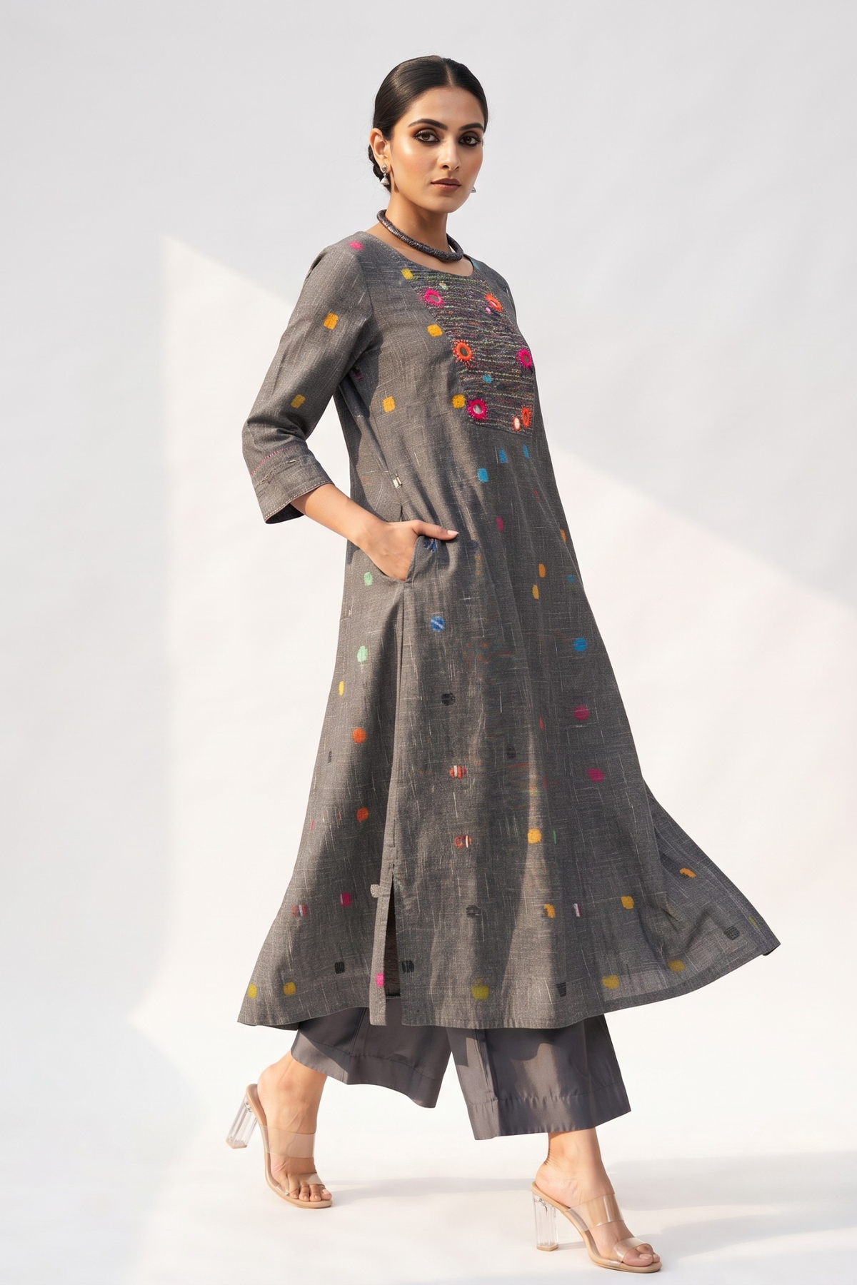 Grey_Misty_Multi_Polka_Cotton_Pintuck_Yoke_Kurta_with_Pockets