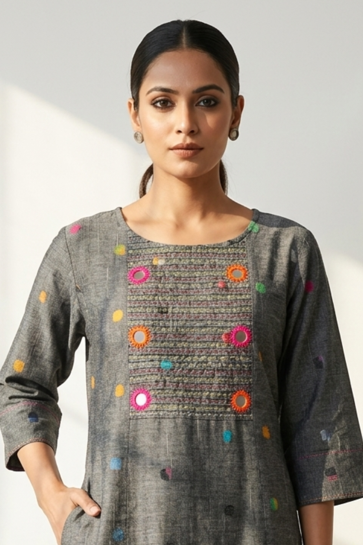 Grey_Misty_Multi_Polka_Cotton_Pintuck_Yoke_Kurta_with_Pockets