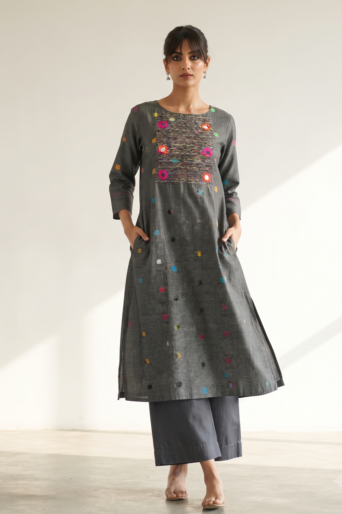 Grey_Misty_Multi_Polka_Cotton_Pintuck_Yoke_Kurta_with_Pockets
