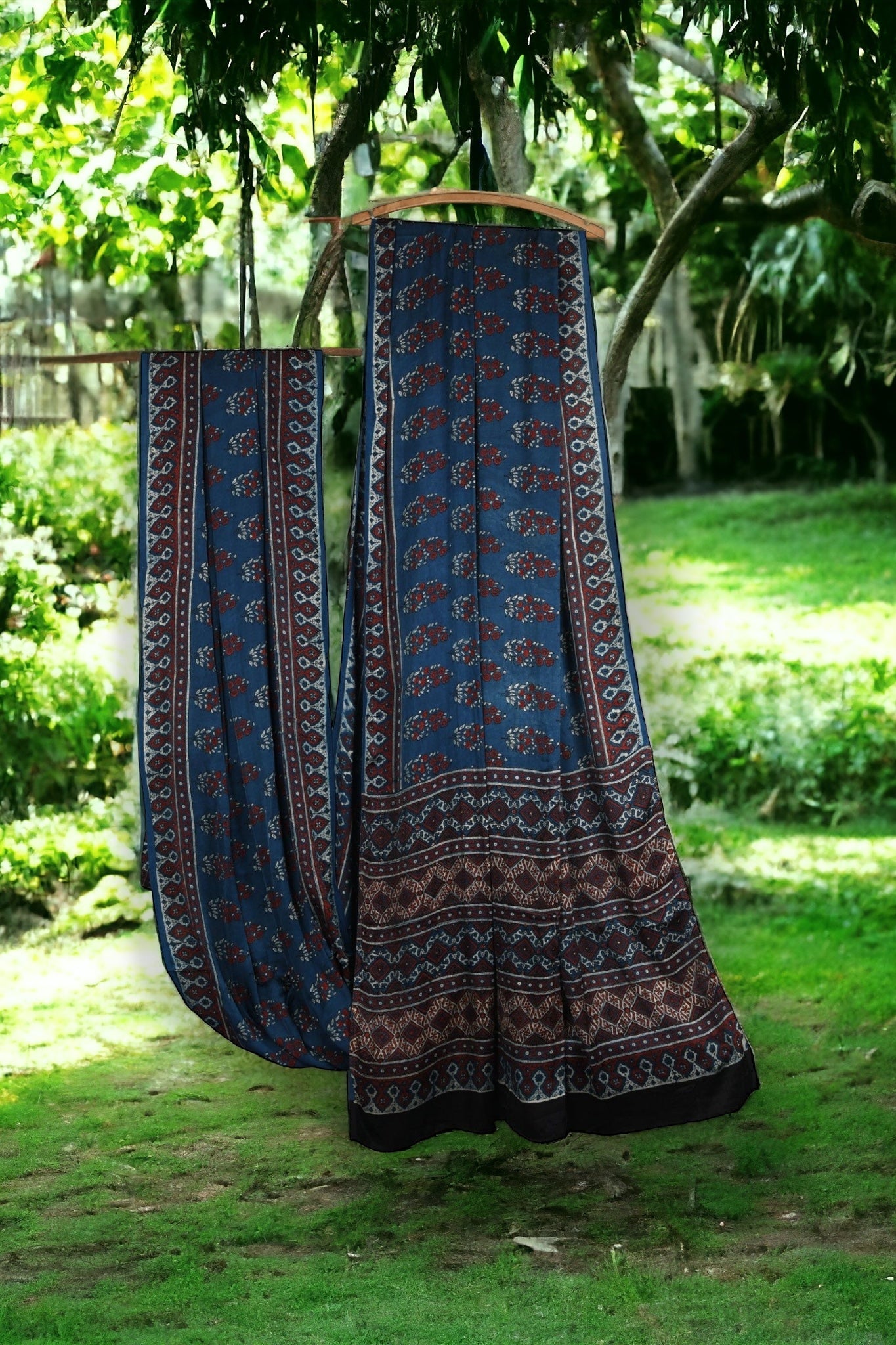 ajrakh modal silk sarees - serene indigo & phool butta