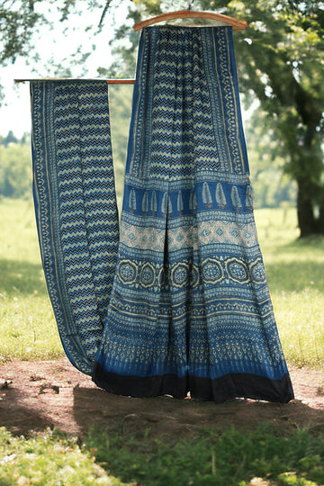 ajrakh modal silk sarees - indigo zigzag & waterscape delight