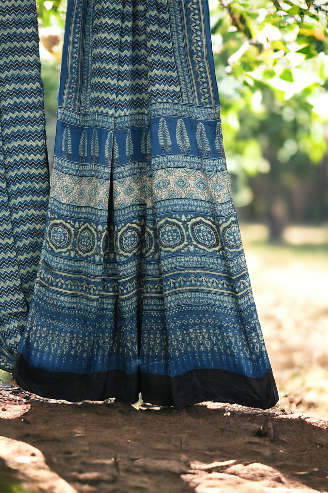 ajrakh modal silk sarees - indigo zigzag & waterscape delight