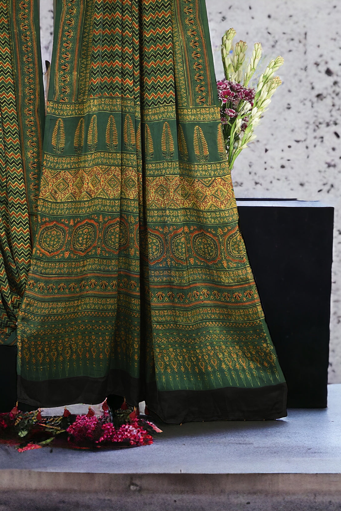 ajrakh modal silk sarees - deep forest & chevron charm