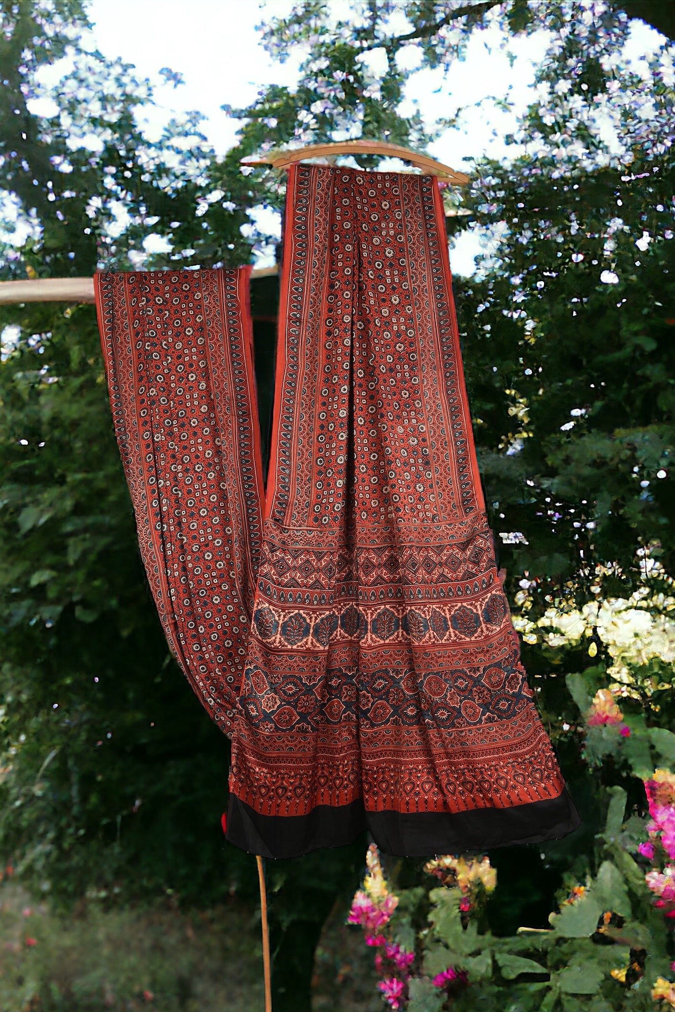 ajrakh modal silk sarees - madder whispers & mughal bliss