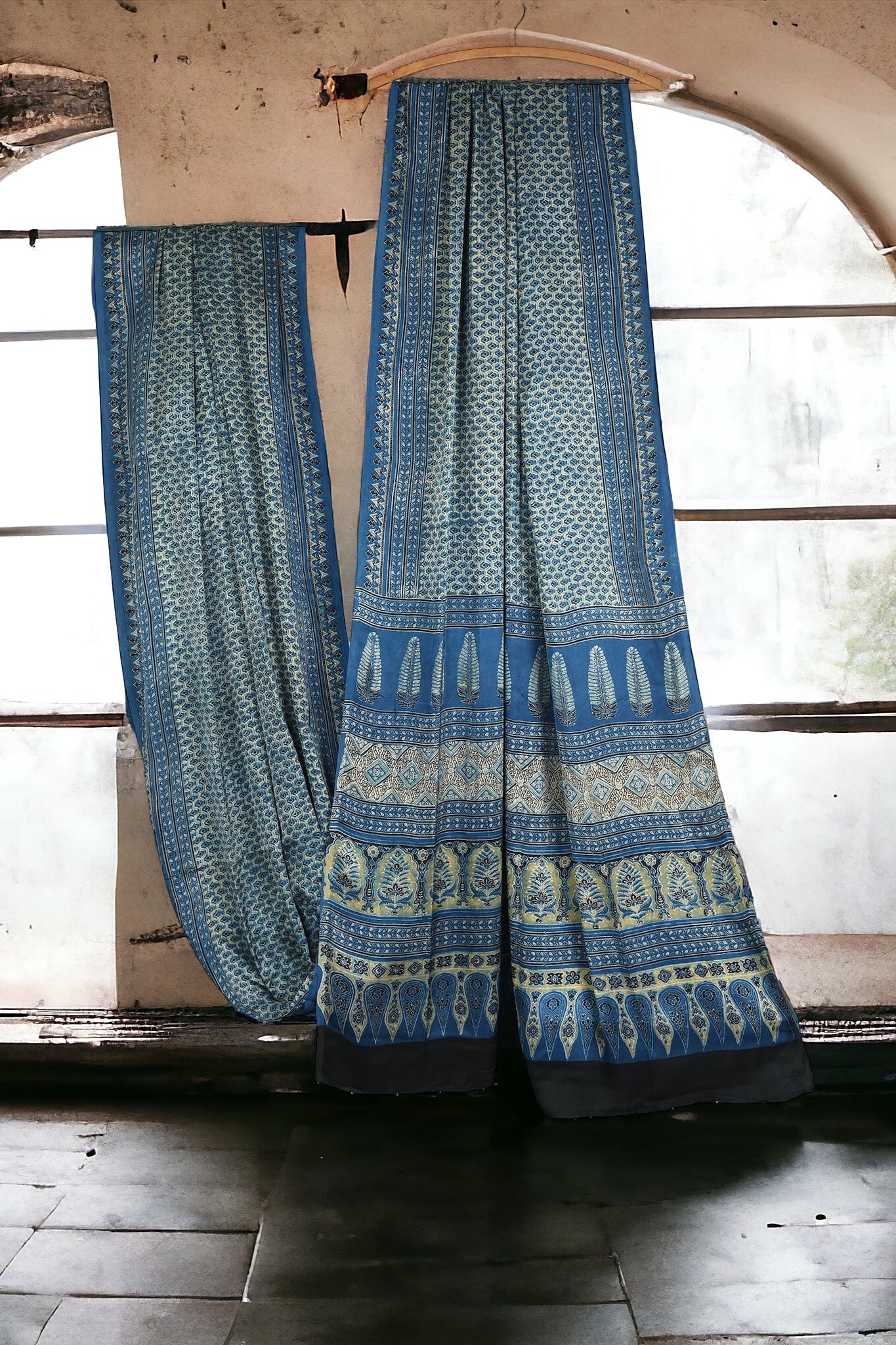 ajrakh modal silk sarees - mughal garden & indigo treasures