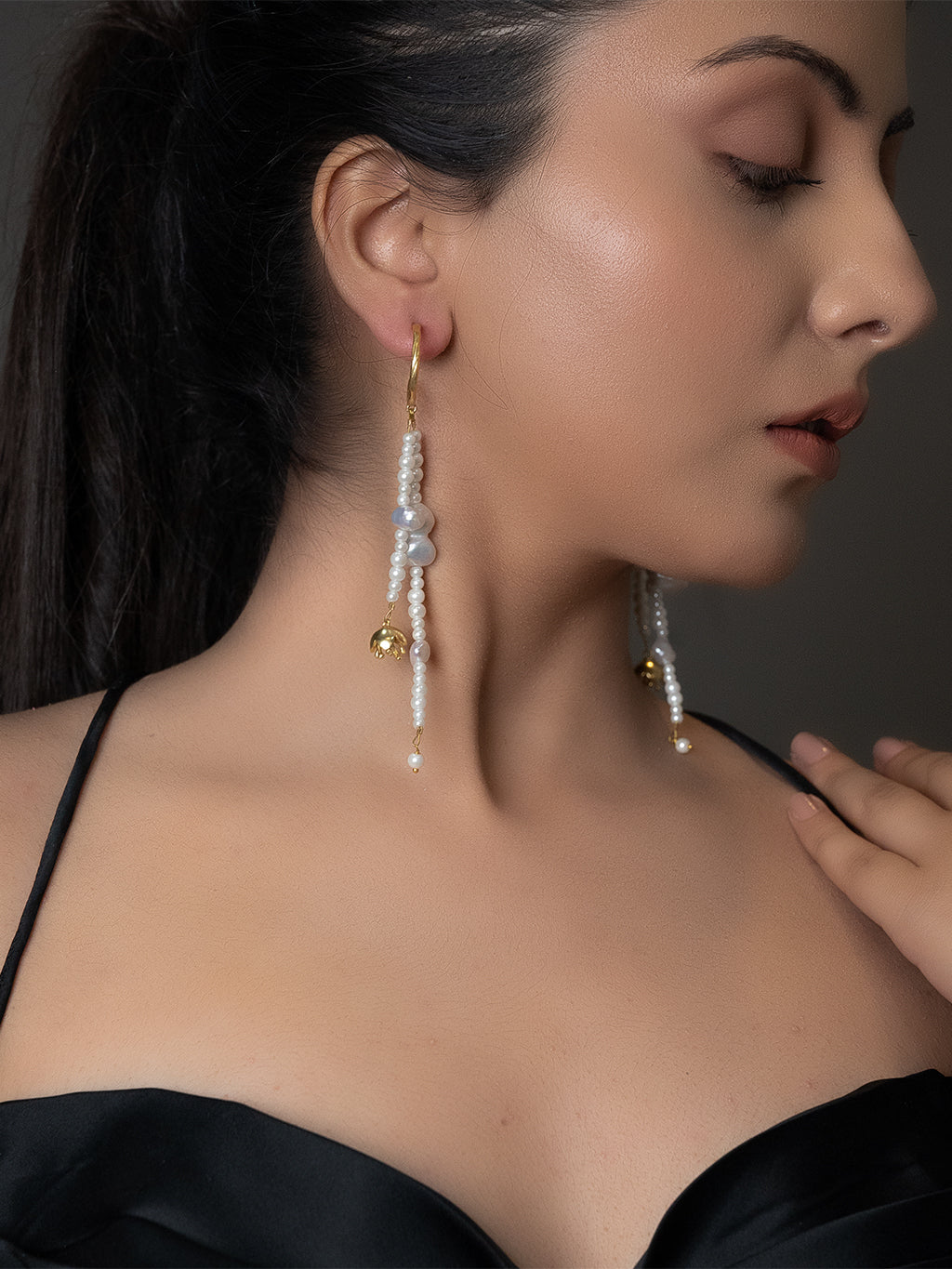 jewelry - berserk - Double String Pearl Floret Drop Danglers