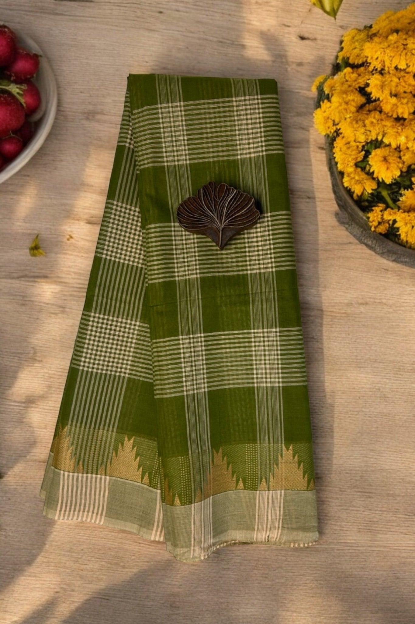 chettinad cotton saree - Green Leaf & Checks Temple Border - maati crafts