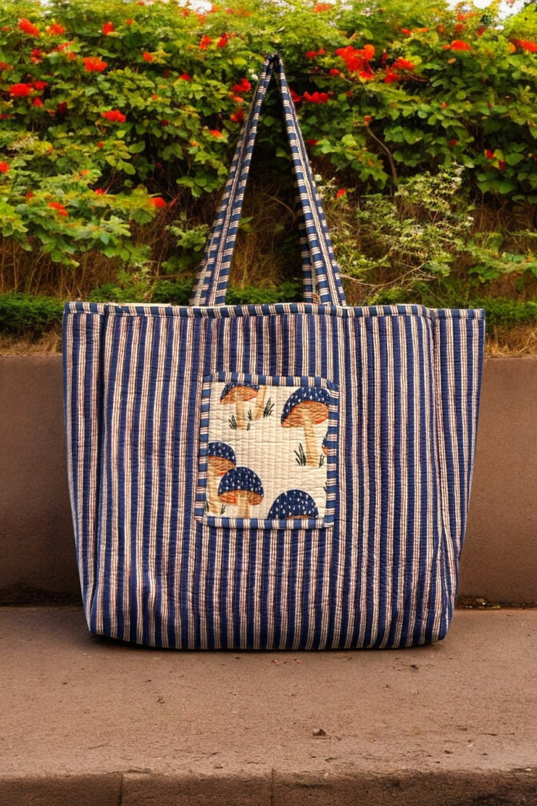 Reversible Cotton Quilted Tote - Indigo & Mushroom Print