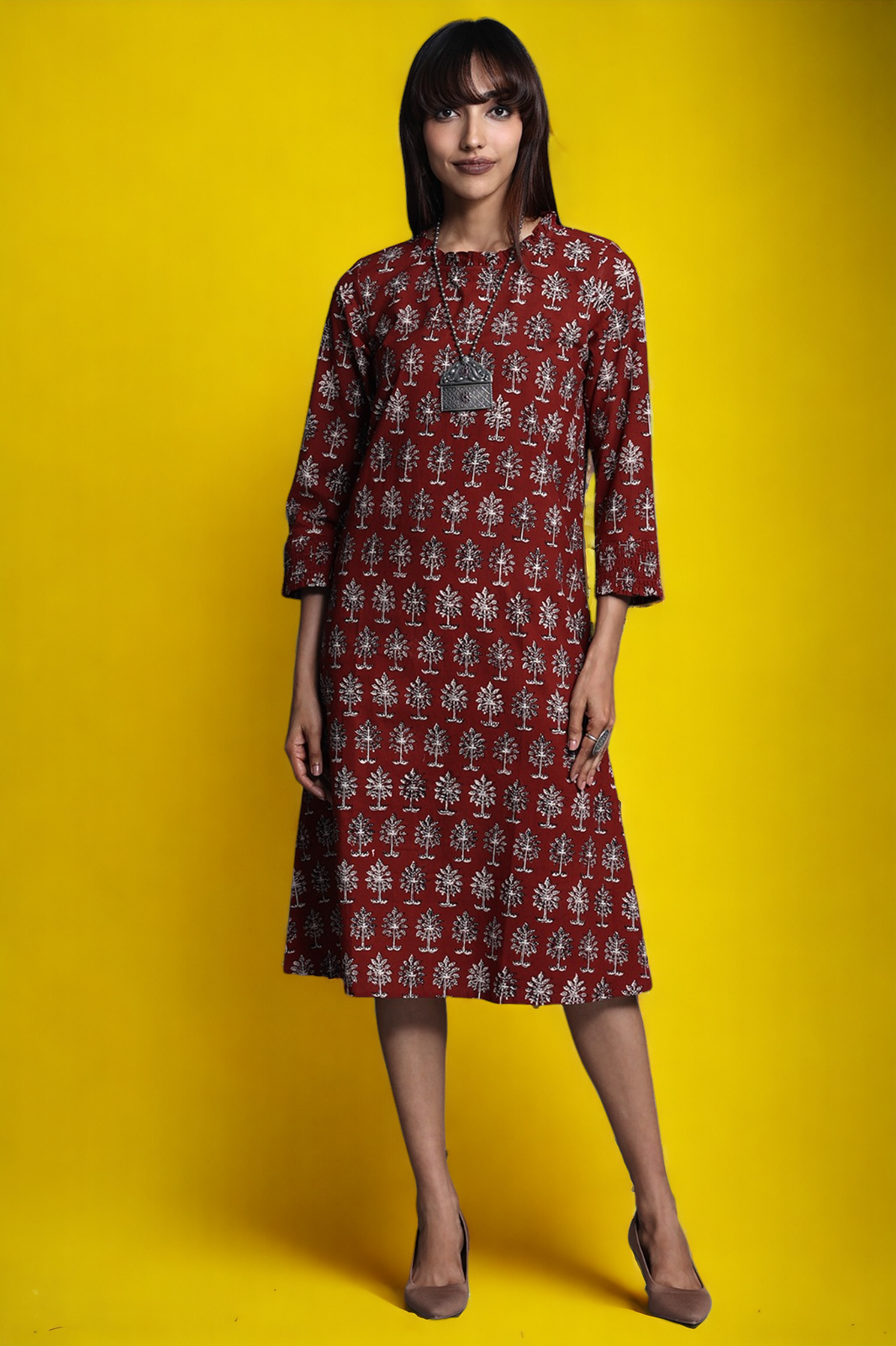shift dress with smocked sleeves - madder oasis & periyar grove
