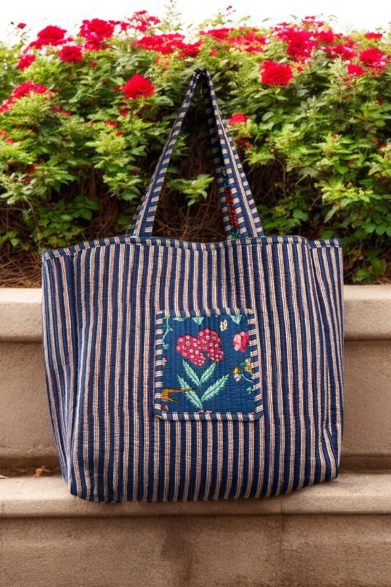 Reversible Cotton Quilted Tote Blue Rose Resort Vibes maati