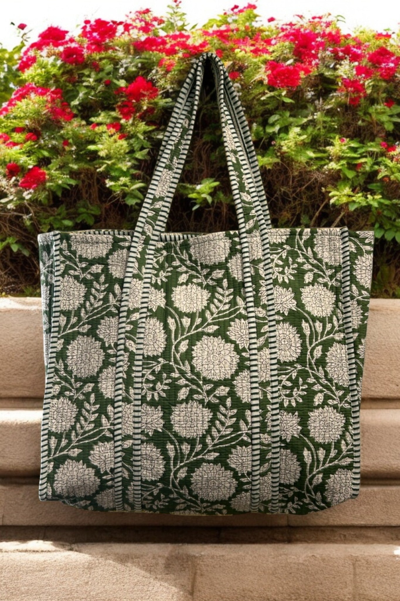 Reversible Cotton Quilted Tote Dark Green Floral Jaal maati crafts