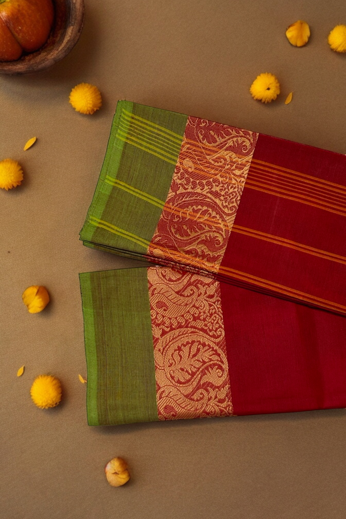 chettinad cotton saree - madder red & golden paisley