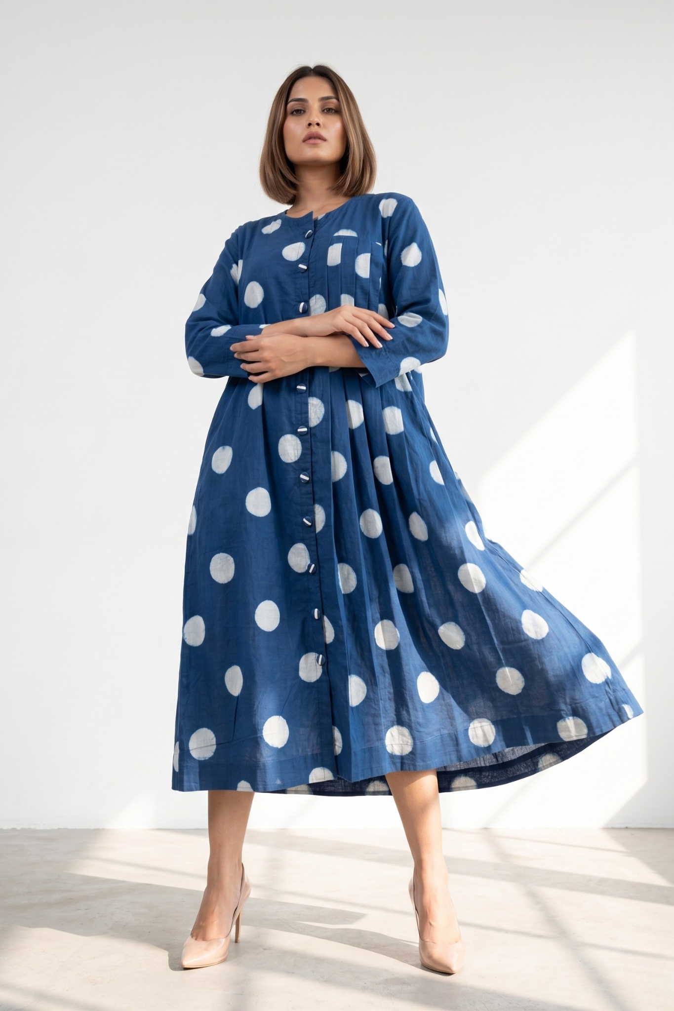 Indigo Moon Dots Side Pleated Flared Dress