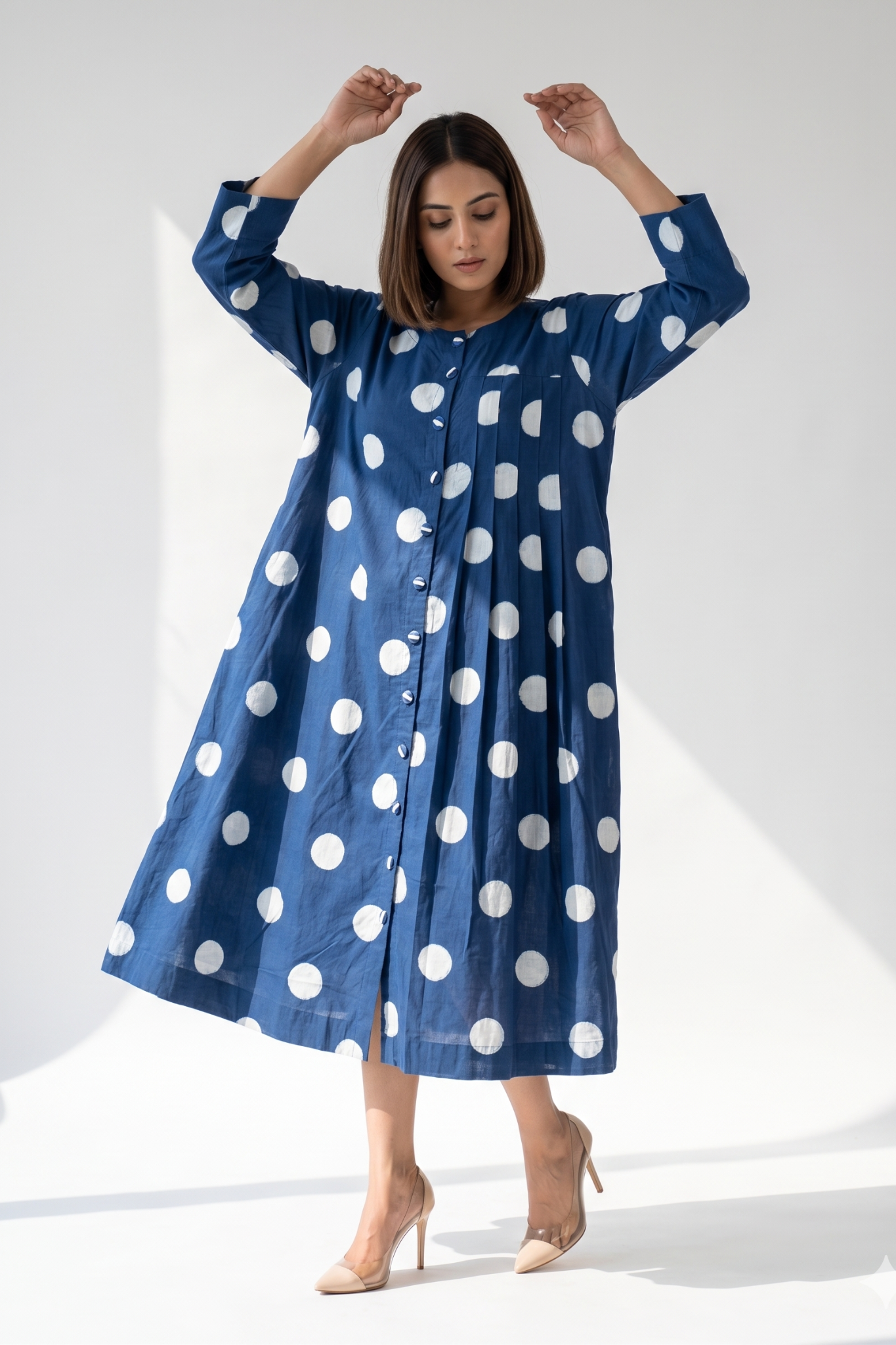 Indigo Moon Dots Side Pleated Flared Dress