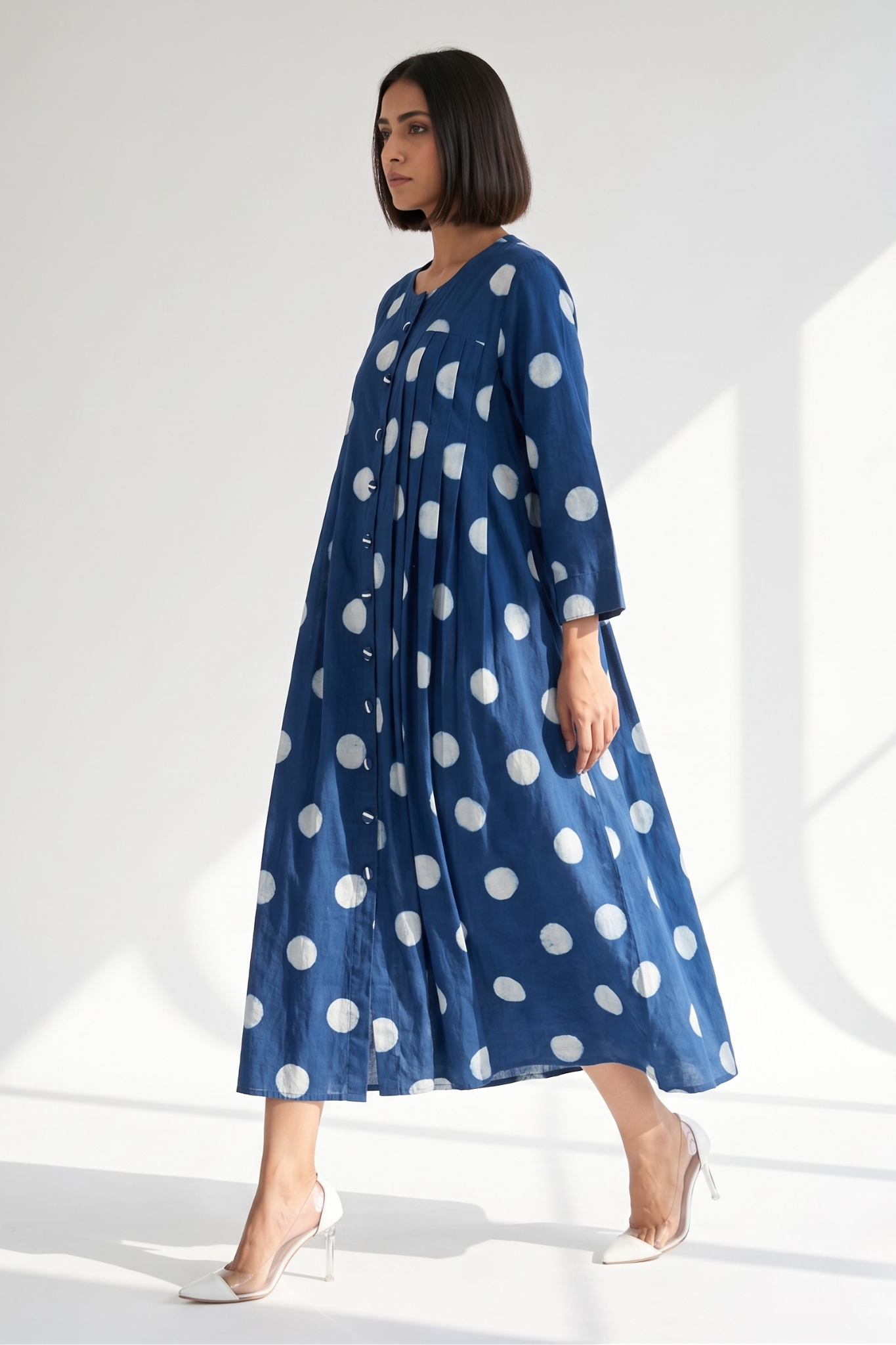 Indigo Moon Dots Side Pleated Flared Dress