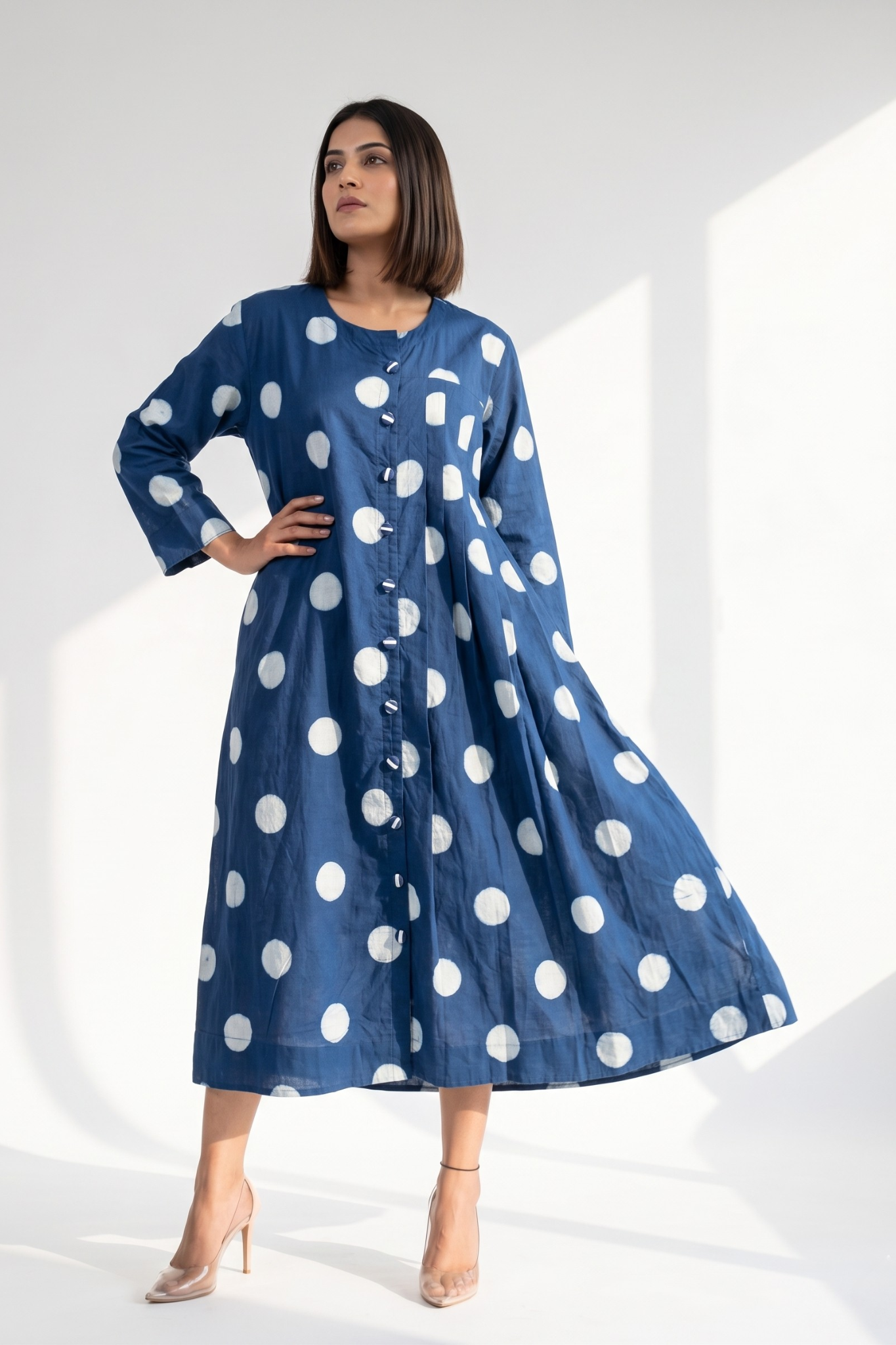 Indigo Moon Dots Side Pleated Flared Dress