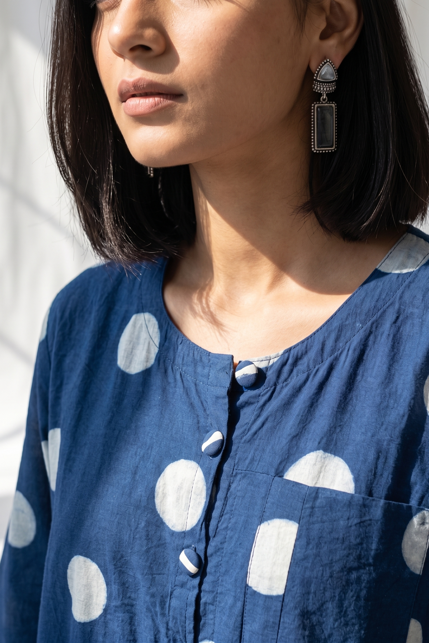 Indigo Moon Dots Side Pleated Flared Dress