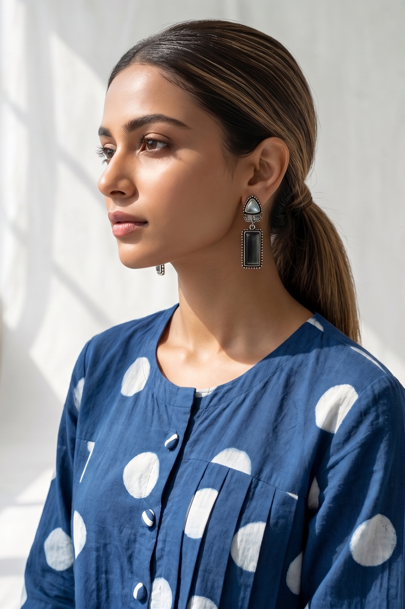 Indigo Moon Dots Side Pleated Flared Dress