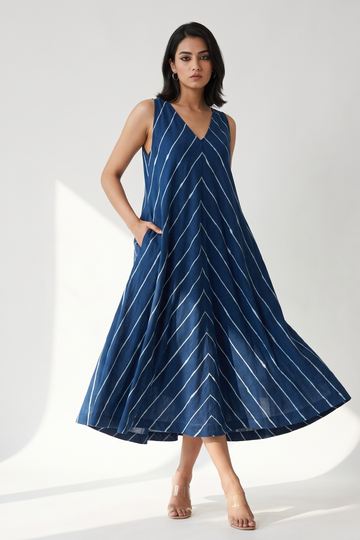 Indigo Ink Flow Lines Cotton Sleeveless Strap V-Neck Bias Dress
