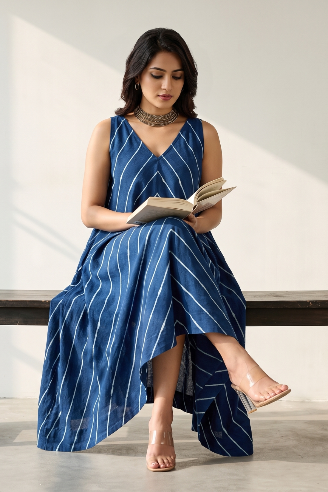Indigo Ink Flow Lines Cotton Sleeveless Strap V-Neck Bias Dress