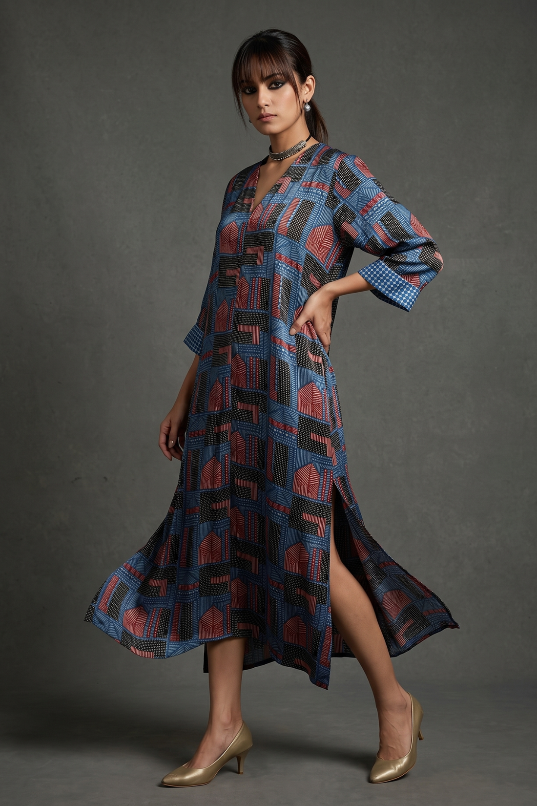 Indigo_Lattice_Symphony_Ajrakh_Modal_Front_Zipper_A-Line_Kurta