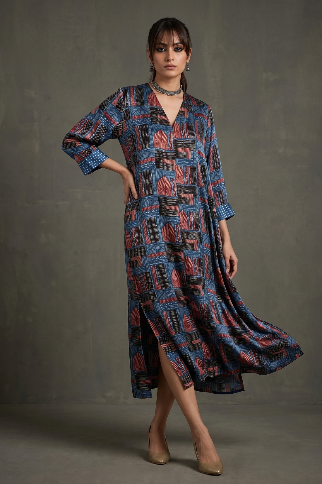 Indigo_Lattice_Symphony_Ajrakh_Modal_Front_Zipper_A-Line_Kurta