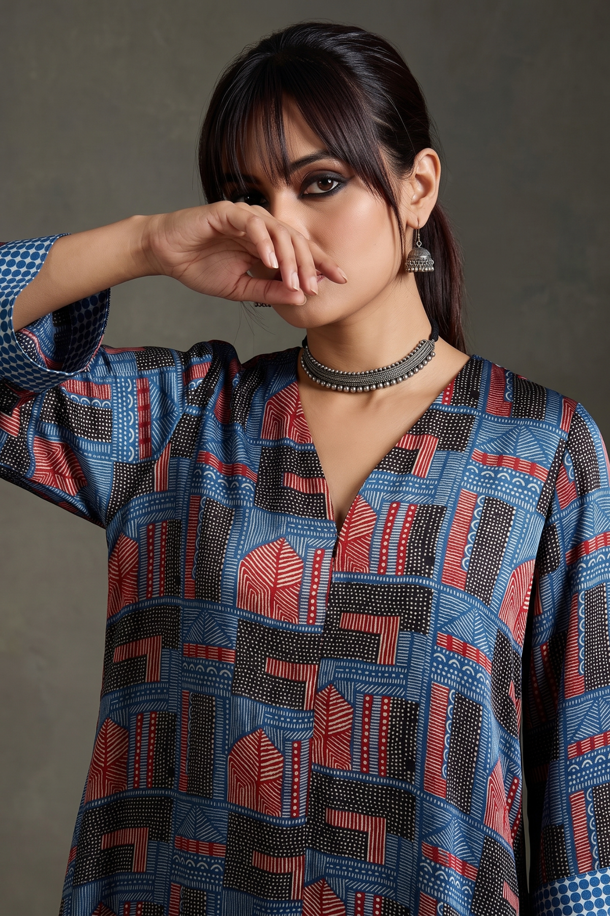 Indigo_Lattice_Symphony_Ajrakh_Modal_Front_Zipper_A-Line_Kurta